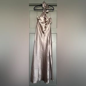 NWT Birdy Grey Monica Satin Halter Dress - Taupe - Medium